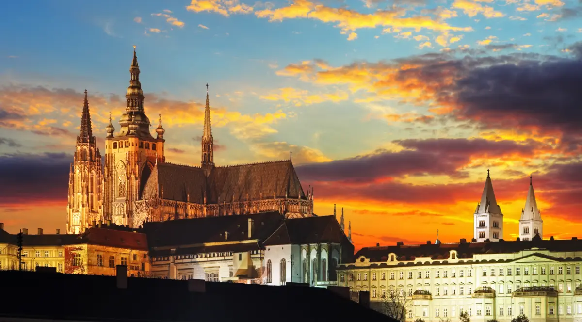 Prague Castle bathed in sunset hues