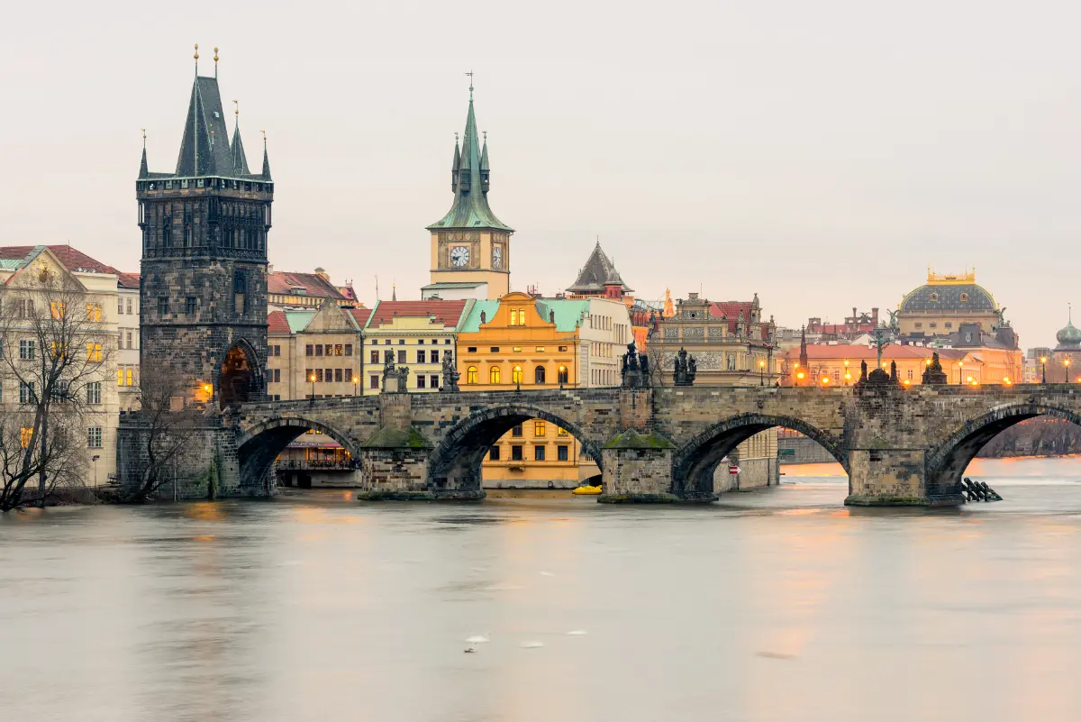 Charles Bridge spanning Vltava River on a picturesque day