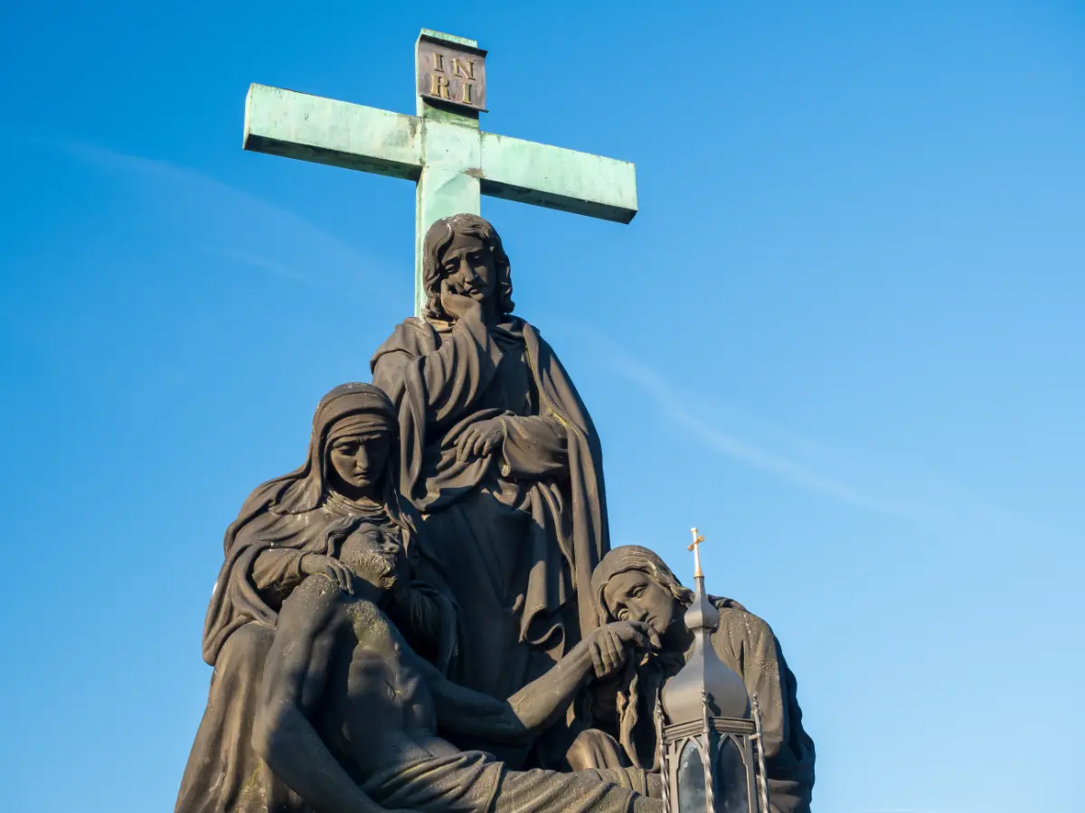 Prague's Charles Bridge: Sculpture of Pietà, an iconic statue