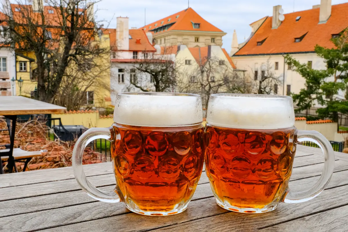 Two Czech beer mugs in a cozy courtyard setting