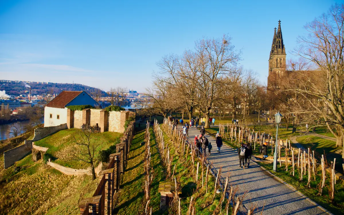 Vyšehrad Park in Winter, visitors walking on a sunny day