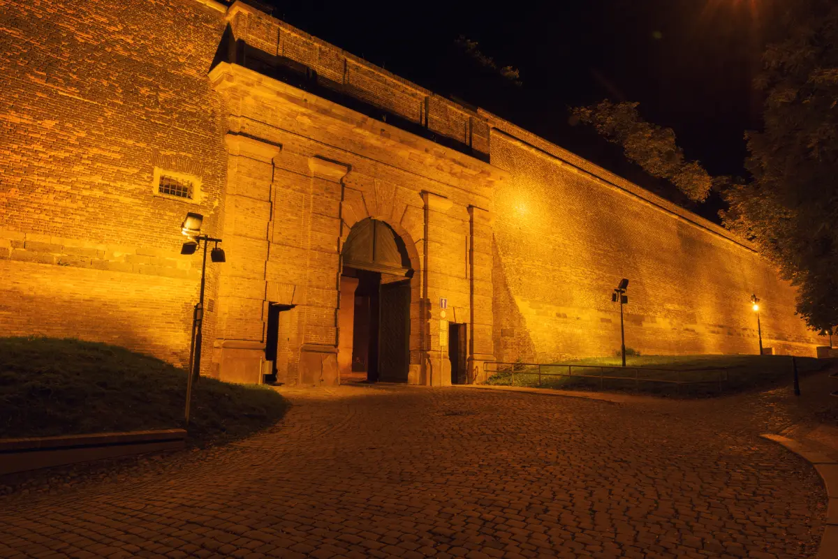 Night view of Vysehrad Castle gate (Nova brana), Prague